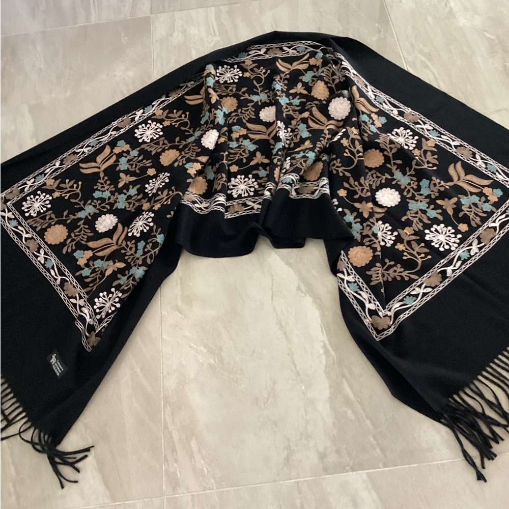 Floral Embroidered Black Scarf